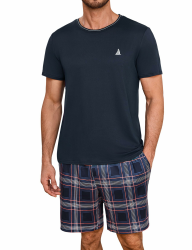 Schlafanzug Herren kurz Schlafhose Karomuster Pyjama Sommer Rundhals Schlafanzüge für Herren Pyjamashort Nachtwäsche Männer XL Blau-2 Angebot bei HelloDeals
