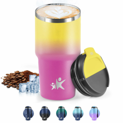 HoneyHolly Thermobecher 600 ml, Wiederverwendbar, Edelstahl Kaffeebecher-to-go Thermo, Auslaufsicher, Doppelwandiger Trinkbecher, Isolierbecher, Travel Mug für Heißen Kaffee, Tee und Kalte Getränke Gelb & Rosarot Large Angebot bei HelloDeals