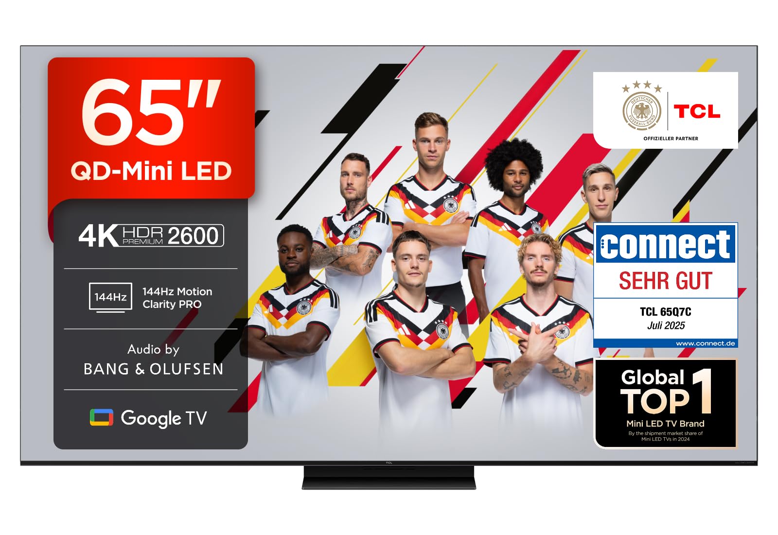 TCL 65Q7C QLED Mini LED Fernseher, 65 Zoll, 4K HDR Premium, Dolby Vision IQ & Atmos, Smart TV mit Google TV, 6.2.2 Sound, 144Hz VRR, AMD FreeSync Premium Pro, HDMI 2.1, AirPlay 2 65 Zoll Q7C B&O QD-Miniled Angebot bei HelloDeals