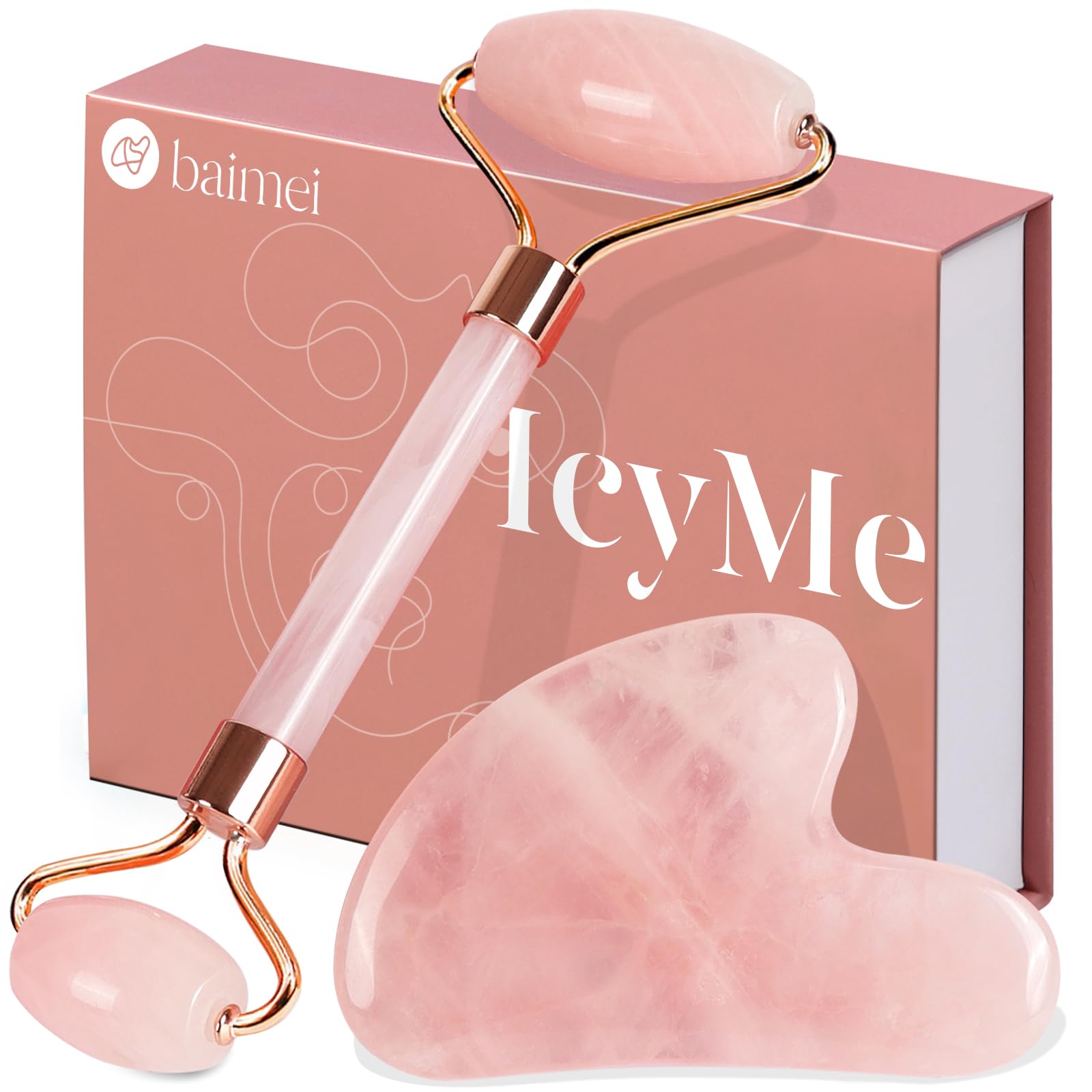BAIMEI Gua Sha Stein und Gesichtsroller Rosenquarz,Guasha Set Beauty Massager, Jade Roller, Verbesserung Von Feinen Linien,Geschenk für Frauen Rosa Angebot bei HelloDeals