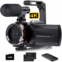 Videokamera 4K 64MP Camcorder Vlogging Kamera für YouTube,21X Digital Zoom, 3" 270° Drehbarer Screen Video Vlogging Dual Camera mit 64GB Karte, Mikrofon, Stabilisator, Fernbedienung,2 Batterien Pro Angebot bei HelloDeals
