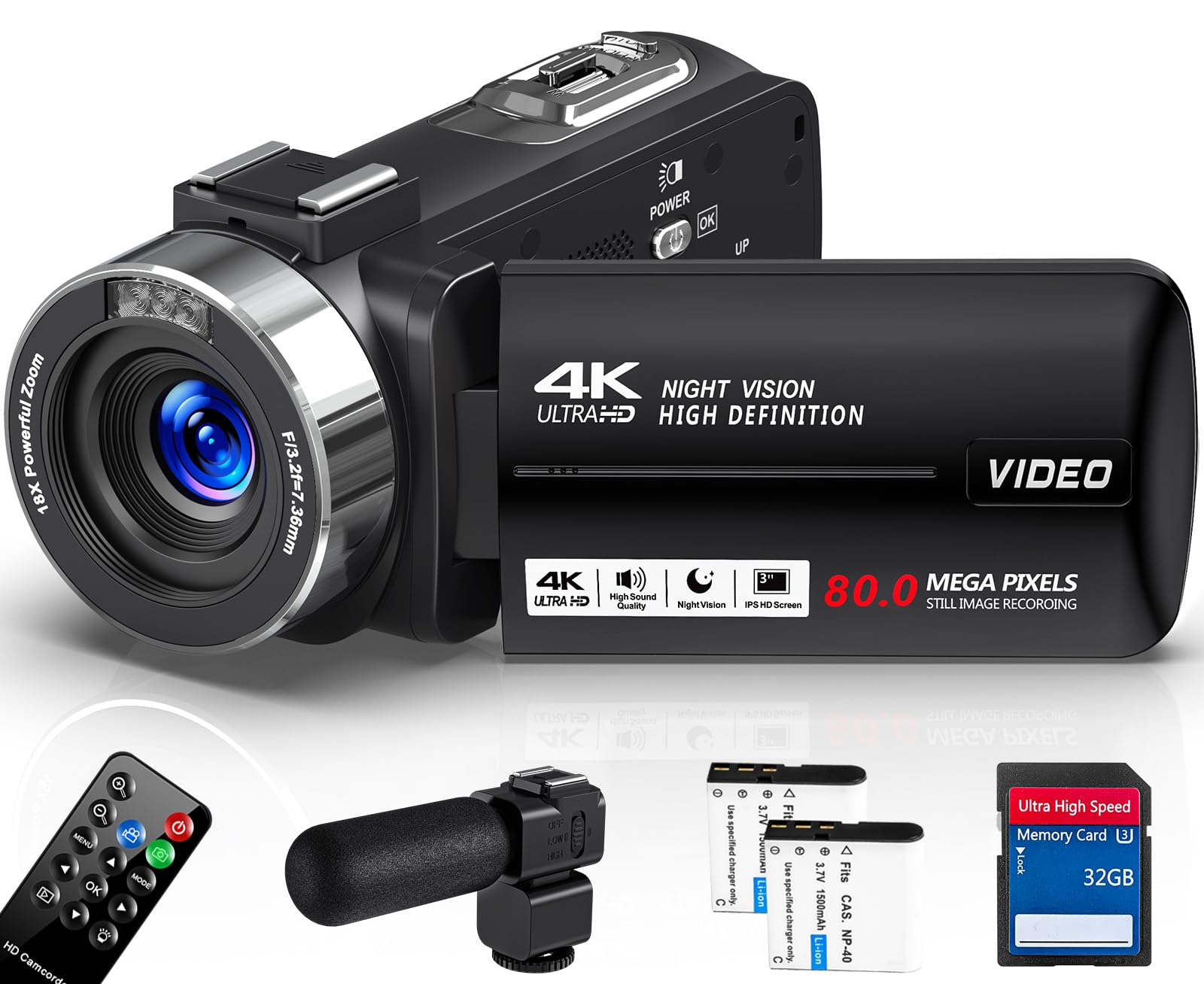 Videokamera 4K 30FPS Camcorder 80MP 18X Digitalzoom IR Nachtsicht Vlogging Kamera, 3,0 Zoll IPS-Bildschirm YouTube Camera mit 32GB SD-Karte, Mikrofon, Fernbedienung und 2 Batterien V107N Angebot bei HelloDeals