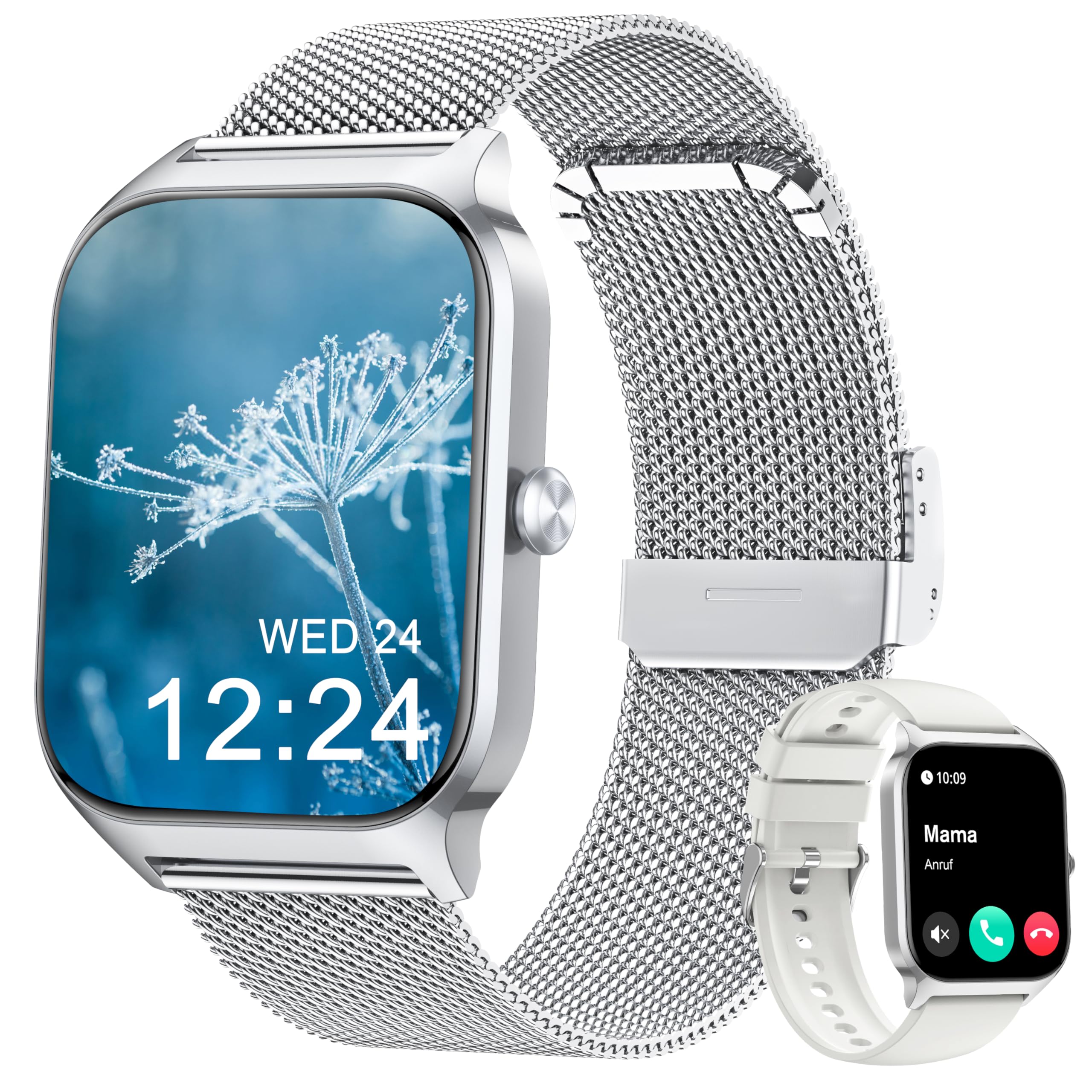 Popglory Smartwatch mit Telefonfunktion Herren Damen, 1,85 HD-Bildschirm Fitnessuhr, BlutdruckmessungHerzfrequenzSpO2DruckSchlafMenstruation, 100 + Sportmodi, Weltuhr Rechner Wetter, Android iOS Mailand Silber + Weiß Angebot bei HelloDeals