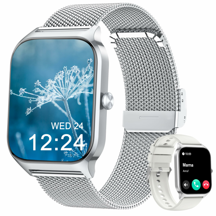 Popglory Smartwatch mit Telefonfunktion Herren Damen, 1,85 HD-Bildschirm Fitnessuhr, BlutdruckmessungHerzfrequenzSpO2DruckSchlafMenstruation, 100 + Sportmodi, Weltuhr Rechner Wetter, Android iOS Mailand Silber + Weiß Angebot bei HelloDeals