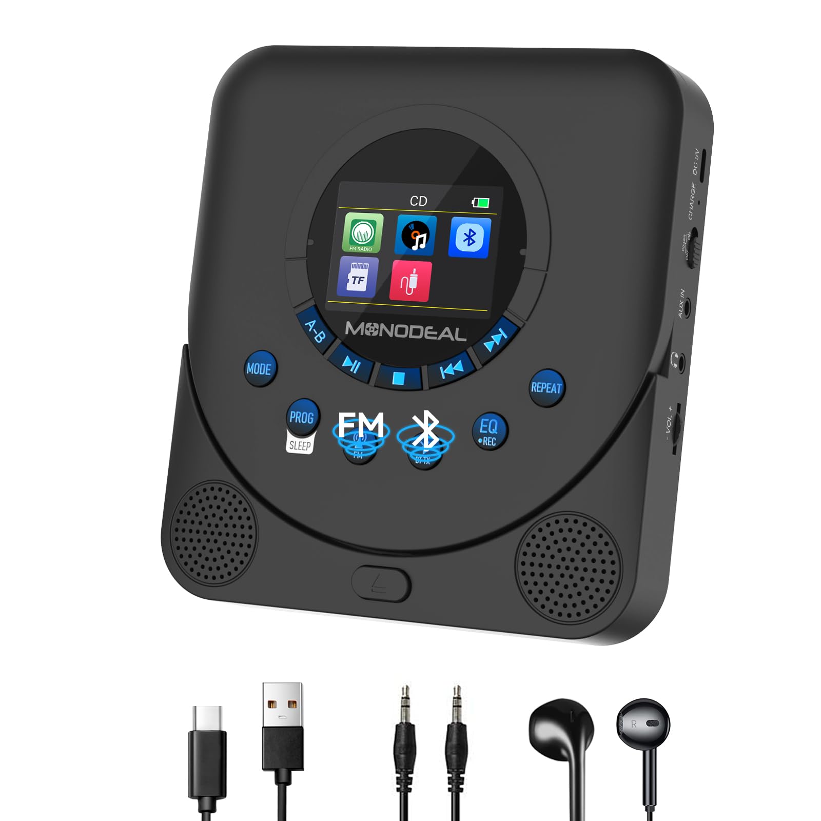 MONODEAL CD Player Tragbar mit TFT Display und Sleep Timer, Integriertes FM-Radio, 2025 Tragbarer CD Player Bluetooth, Wiederaufladbar Discman CD Player mit Lautsprecher und FM Transmitter, Anti-Skip Schwarz Angebot bei HelloDeals