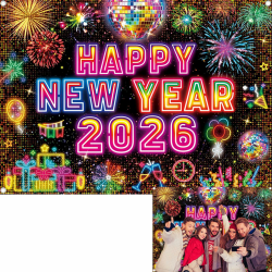 Neon-Hintergrund 2026 Happy New Year 2026 Silvester Fotografie Hintergrund NYE buntes Feuerwerk Silvester Party Dekorationen Banner Booth Requisiten (208,3 x 150 cm) 7x5FT(82x59 inch) Angebot bei HelloDeals