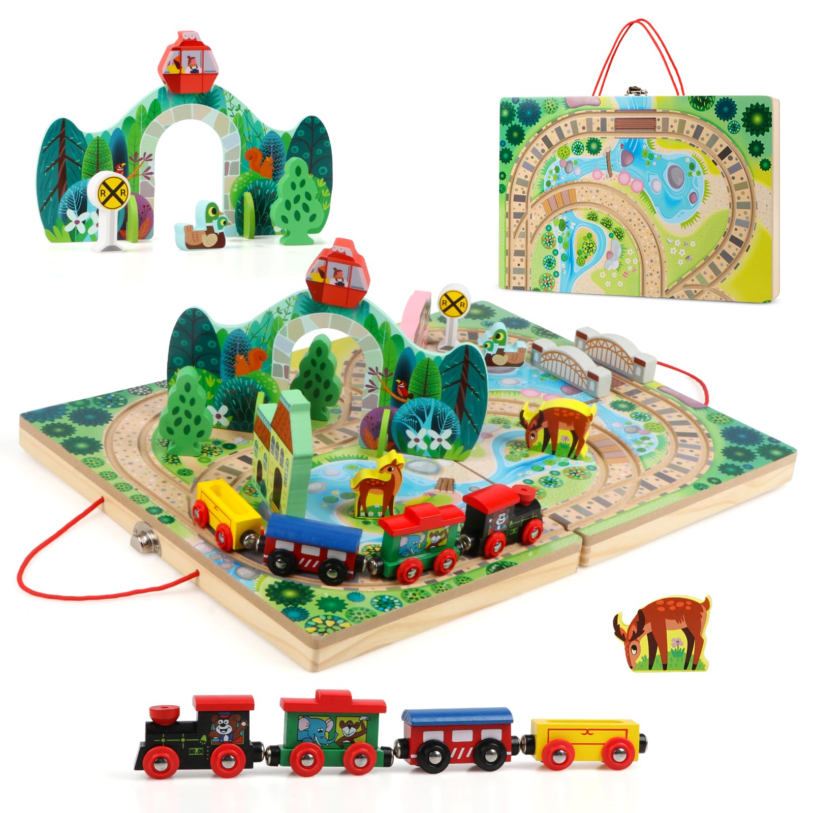 Jacootoys Holz 18 PCS Zug Track Set für Kinder, Eisenbahn,4 Züge, Spiel Stücke, Brücke für Alter 3+ Mädchen Jungen Geschenke Angebot bei HelloDeals