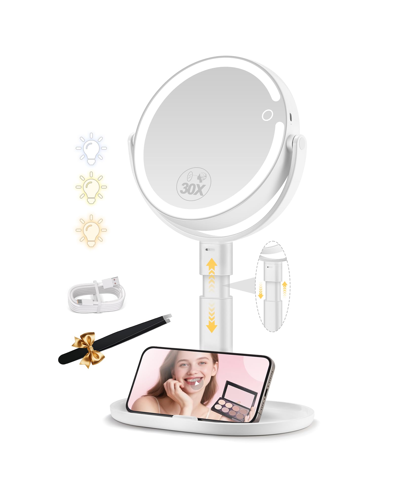 Kosmetikspiegel mit Beleuchtung, Schminkspiegel mit Beleuchtung Höhenverstellbarer, Vergrößerungsspiegel mit Licht 30-Fach, Doppelseitig 360° Drehbar, 3 Farbiger Rund Spiegel mit Licht Weiß Angebot bei HelloDeals