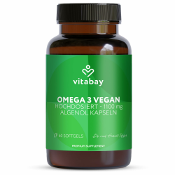 Vitabay Omega 3 Vegan 60 Kapseln mit 1100mg reinem Algenöl mit Vitamin E – hochdosiert - DHA 600mg & 300mg EPA - Laborgeprüft in Deutschland & ohne Zusatzstoffe - Qualität aus der Natur 60 Stück (1er Pack) Angebot bei HelloDeals