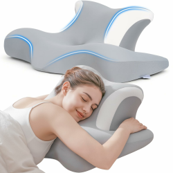 COSYLAND Nackenstützkissen aus Memory-Schaum – orthopädisches ergonomisches Schmetterlingskissen mit Ohrloch & Armauflage, Kopfkissen für Seitenschläfer, waschbarer Bezug, Grau Angebot bei HelloDeals