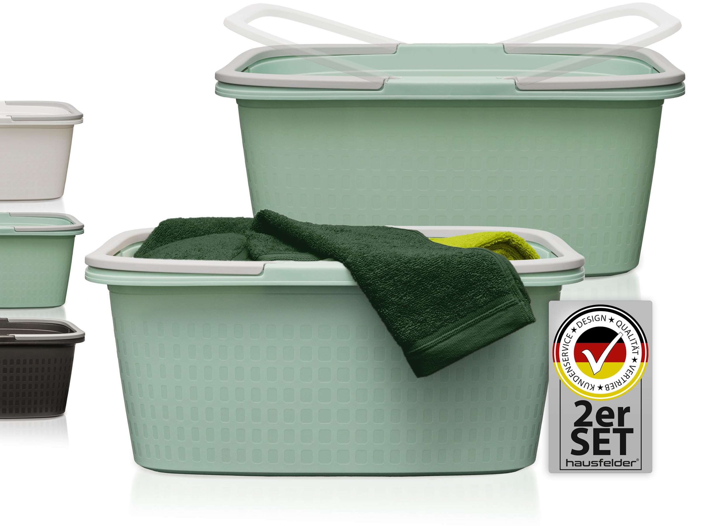 Hausfelder Wäschekorb mit Henkel 60L Plastik – 2er Set Wäschewanne Groß 58x37x25cm – Stabil & Wetterfest - Wäschekorb 35L mit Griffen & Henkeln (Jadegrün) 2 Wannen Jadegrün Angebot bei HelloDeals
