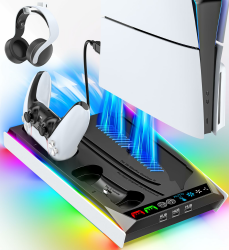 PS5/PS5 Slim/PS5 Pro Ständer für Disc & Digital, 3-stufiger Auto PS5 Lüfter und RGB LED mit PS5 Controller Ladestation für PS5 & Edge Controller, PS5 Zubehörsets mit 3 Ladeanschlüssen Weiß und Schwarz Angebot bei HelloDeals