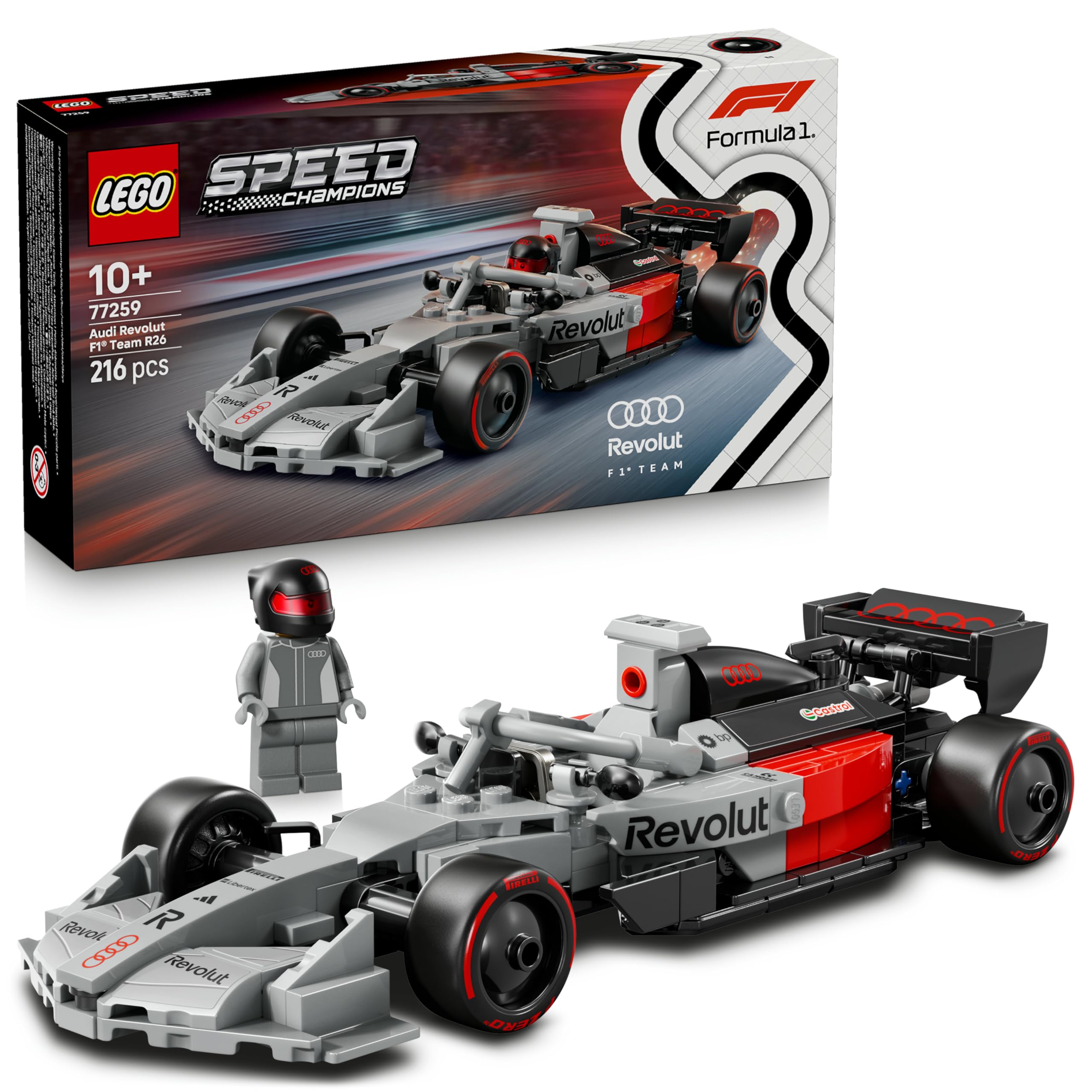 LEGO Speed Champions Audi Revolut F1 Team R26 Rennwagen Spielzeug - Modellbauset mit sammelbarer Rennfahrer Minifigur - Geburtstagsgeschenk für Jungen ab 10 Jahren & jugendliche Motorsportfans - 77259 Angebot bei HelloDeals