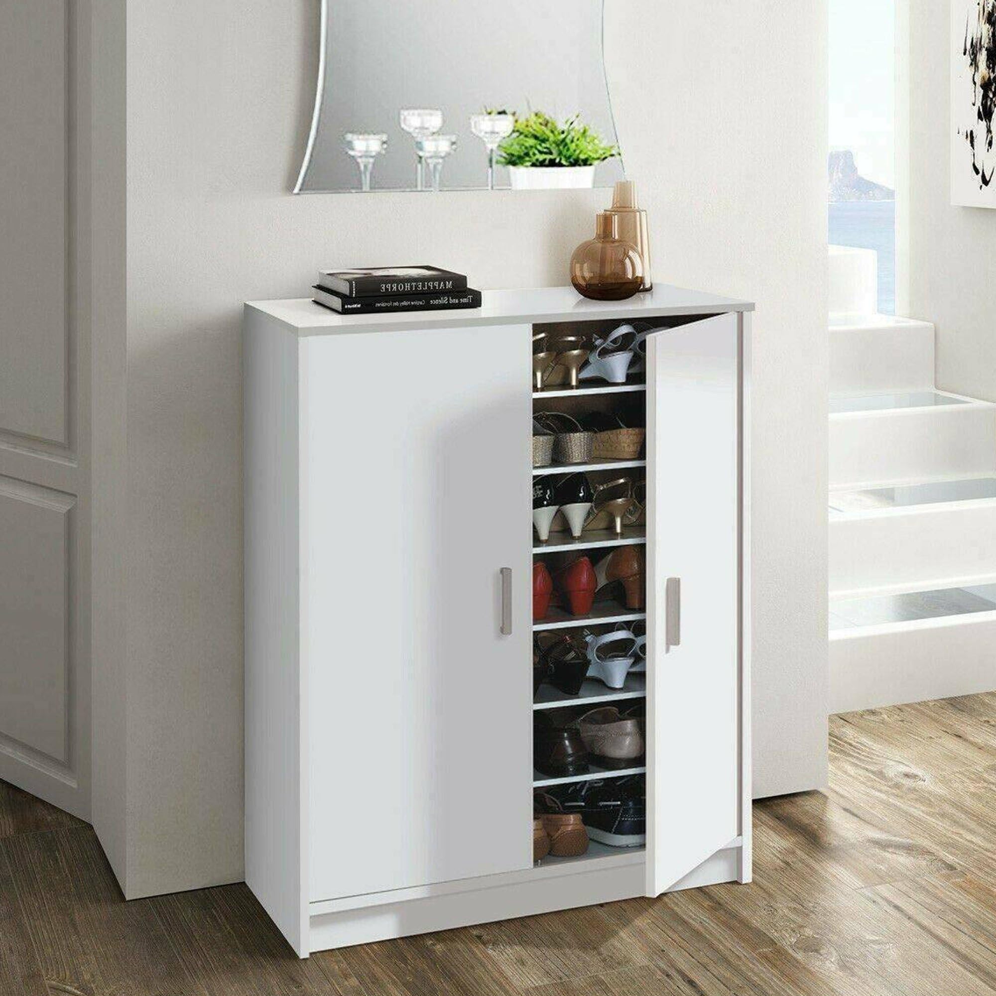 Dmora - Mehrzweck-Kabinett Norwalk, Schuhschrank mit 2 Türen, Niedriger Schrank mit 6 Einlegeböden, Modernes niedriges Schuhregal, cm 75x36h101, Weiß Angebot bei HelloDeals