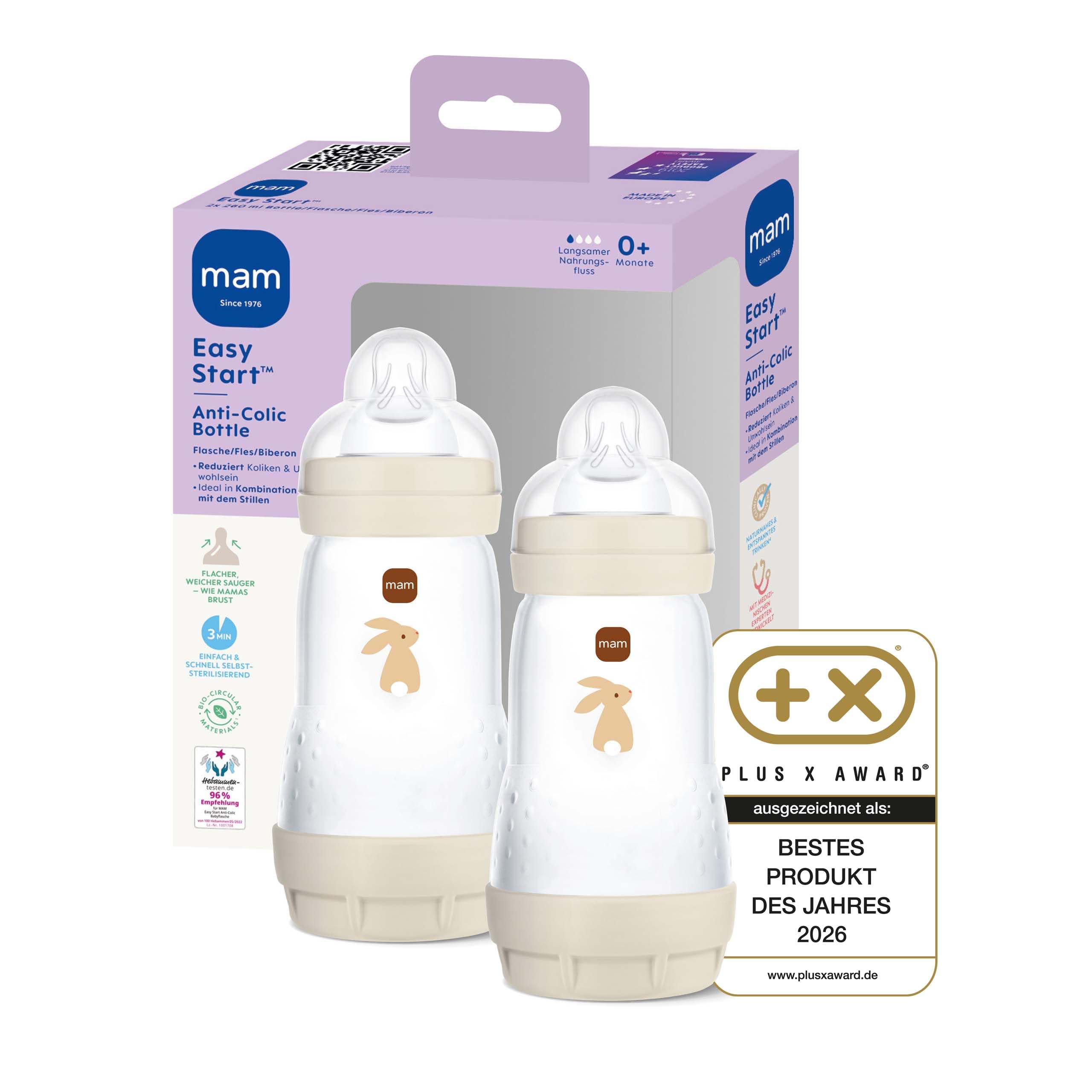 MAM Easy Start Anti-Colic Babyflasche | 0+ Monate | Milchflasche für Neugeborene | 94% Akzeptanz | Weniger Koliken | stillfreundliche Baby Trinkflasche | Sauger Gr. 1 | 260ml | Hase | 2 Stück Hase/Beige 260 ml (2er Pack) Angebot bei HelloDeals