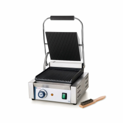 HENDI Kontaktgrill, einzeln, gerillte Ausführung, inkl. Grillreinigungsbürste, Temperatur bis 300°C regelbar, Grillfläche 220x232mm, Elektrogrill, 230V/1800W, 310x375x(H)216mm, Edelstahl Modern Silber Angebot bei HelloDeals