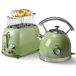 toaster wasserkocher set, frühstücksset toaster wasserkocher, Wasserkocher aus Edelstahl, 2200W, Schnellaufheizung, Toaster mit Brötchenaufsatz zum Erhitzen aller Brotsorten, retro Grün Angebot bei HelloDeals