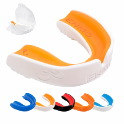 Enmo Maxilla Gel-Mundschutz, mit Etui, Erwachsene und Kinder ab 10 Jahren, Breathing Channel-Technologie, Boil and Bite, Bequem, Antimikrobiell, für alle Kontaktsportarten, Weiß/Orange Angebot bei HelloDeals