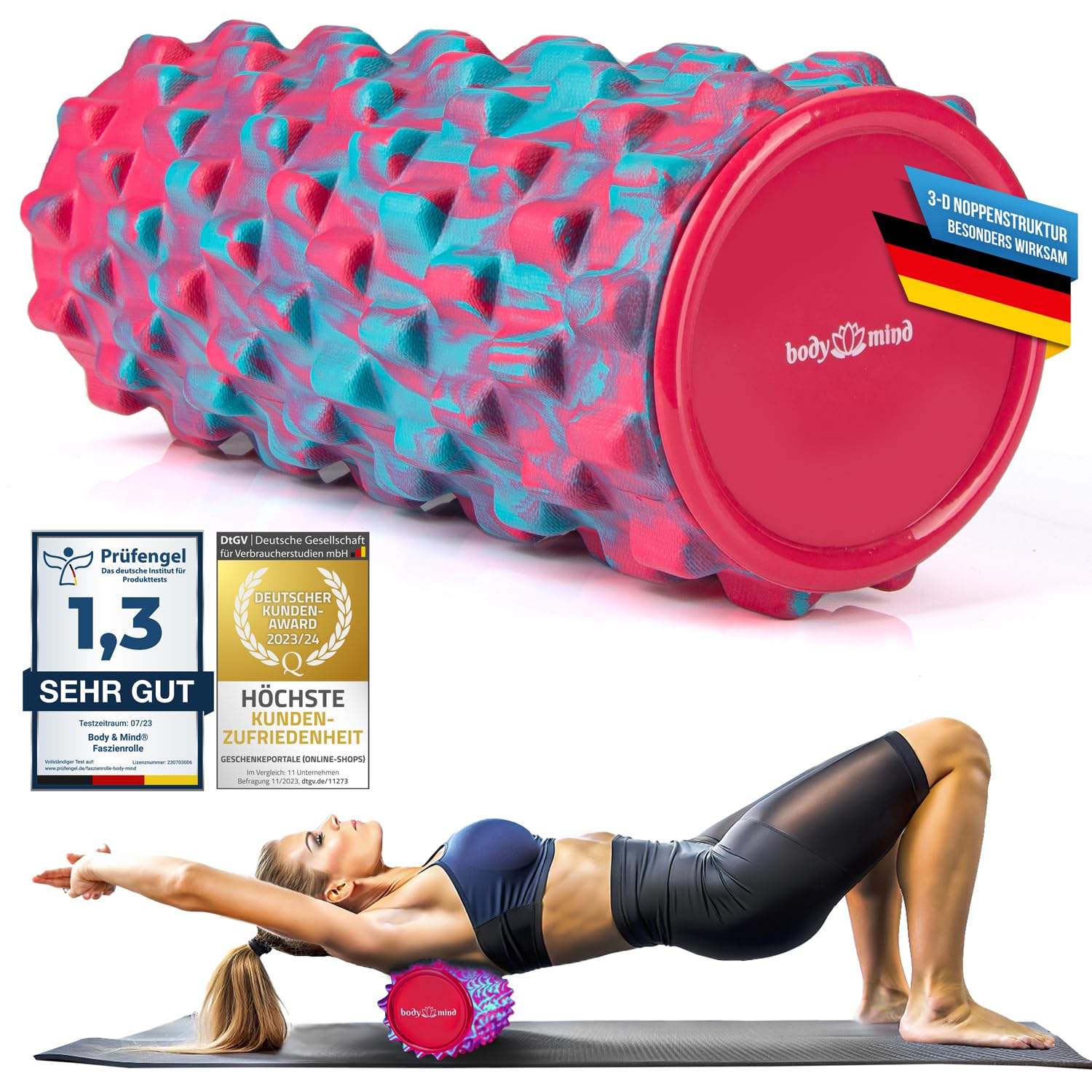 Body & Mind® Faszienrolle Massage-Rolle Fitnessrolle Sportrolle Therapierolle; Faszien-Training am Oberkörper, Nacken, Rücken, Beine, Waden & Allen Anderen Muskelgruppen; 33 x 14,5 cm Pink-blau Angebot bei HelloDeals