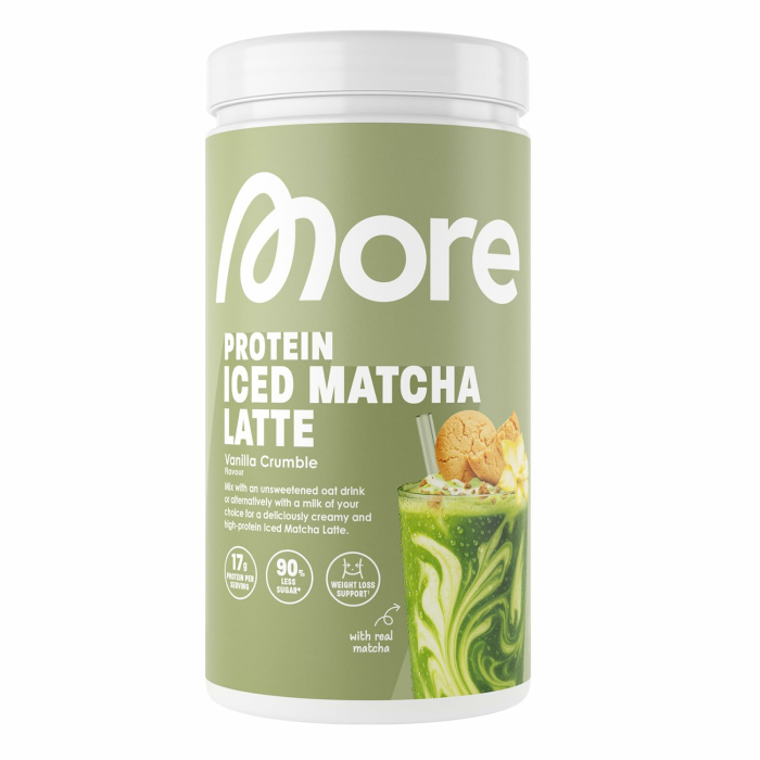 MORE Protein Iced Matcha Latte, 500g, Vanilla Crumble, Matcha Grünteepulver mit wertvollen Proteinen, wenig Zucker und Fett - made in Germany Matcha Latte Vanilla Crumble 500 g (1er Pack) Angebot bei HelloDeals