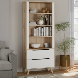 Forte VANKKA Regal 85, Regal mit Kombination aus 3 Einlegböden und 2 Schubladen, Holzwerkstoff, Planked Eiche Dekor/Weiß, 84,7 cm breit, 201,5 cm hoch, 42 cm tief Weiß und Eiche 85 cm breit mit Schubladen Regal Angebot bei HelloDeals