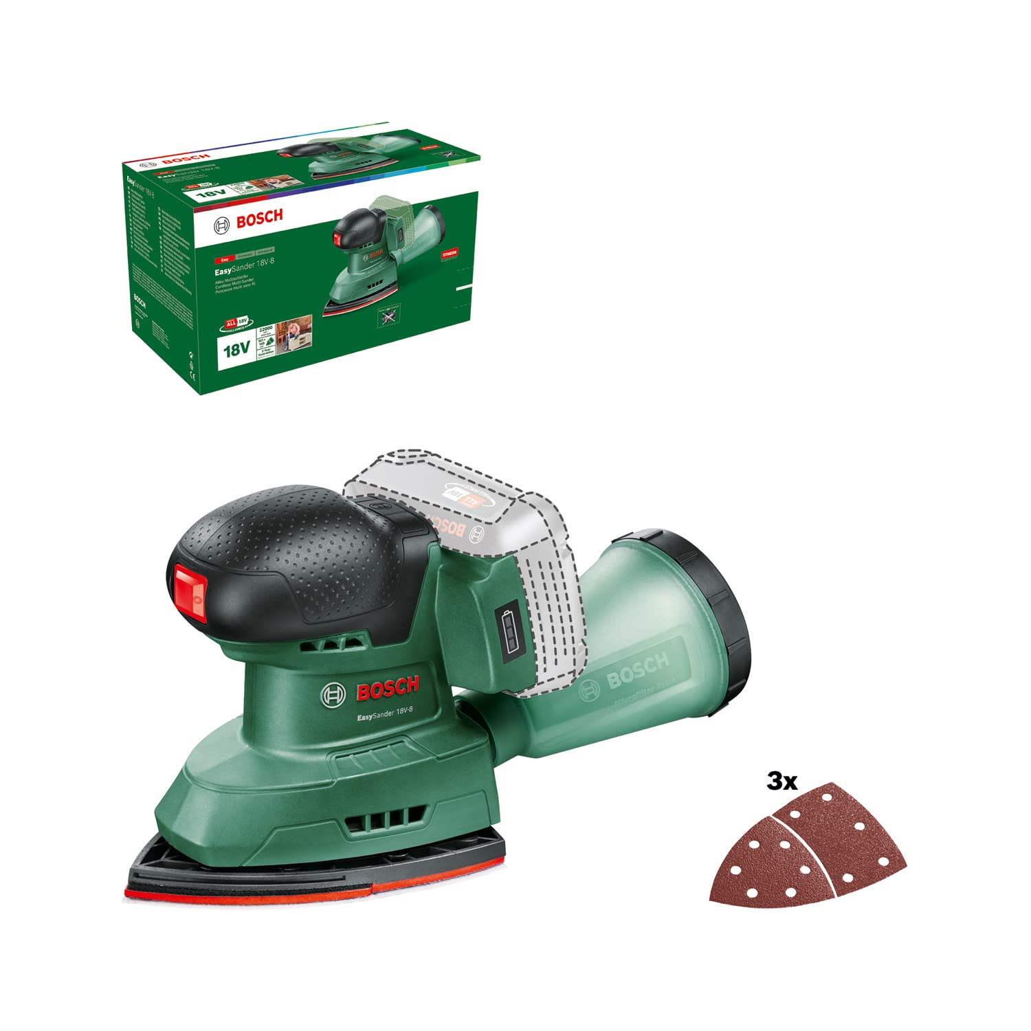 Bosch Akku-Multischleifer EasySander 18V-8 (Ohne Akku; 18 Volt System; für die DIY-Holzbearbeitung; 3x Schleifblätter; im Karton) 18V-8 | ohne Akku Angebot bei HelloDeals