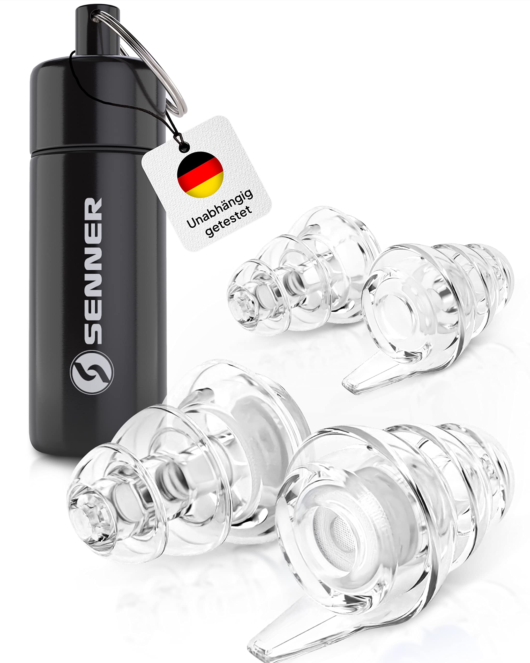 Senner MusicPro - Gehörschutz Ohrstöpsel Konzert, Festival, Musik und Party - Gehörschutz für Musiker, mit Schlüsselanhänger - Hi-Fi Gehörschutzstöpsel Earplugs | SNR 20 dB, clear/transparent Farbe: Transparent. Alubehälter: Schlank, schwarz Angebot bei HelloDeals