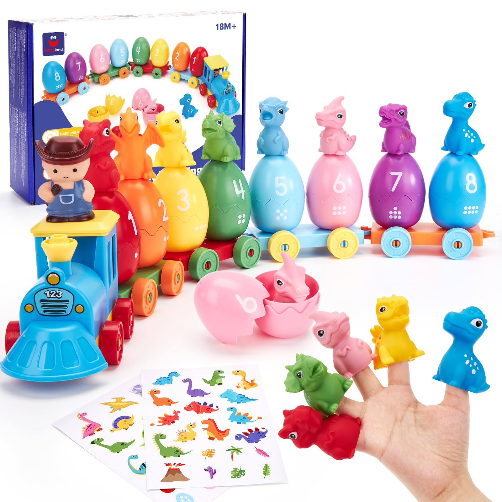hahaland Dinosaurier Montessori Spielzeug 2 Jahre mit Dino-Eiern, Fingerpuppen & Stickern, Zug Spielzeug zum Zählen Sortieren Zuordnen, Lernspielzeug ab 2 3 4 Jahre, Ostern Geschenke Kinderspielzeug Angebot bei HelloDeals