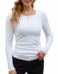 Langarmshirt Damen Rundhal Pullover Elegant Langarm Oberteile Rippshirt Tshirts Basic Tops Weiß L Angebot bei HelloDeals