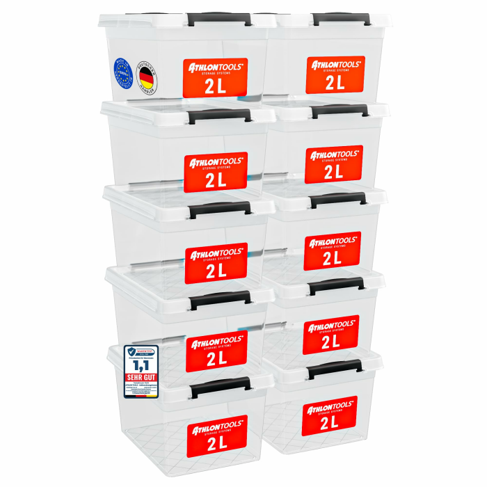ATHLON TOOLS 10er Set 2l Aufbewahrungsbox mit Deckel klein - 100% Lebensmittelecht BPA frei - Plastikbox mit Deckel stapelbar - Aufbewahrung & Ordnung - Kunststoff Stapelboxen aus Neumaterial 2 L | 10er-Set Angebot bei HelloDeals