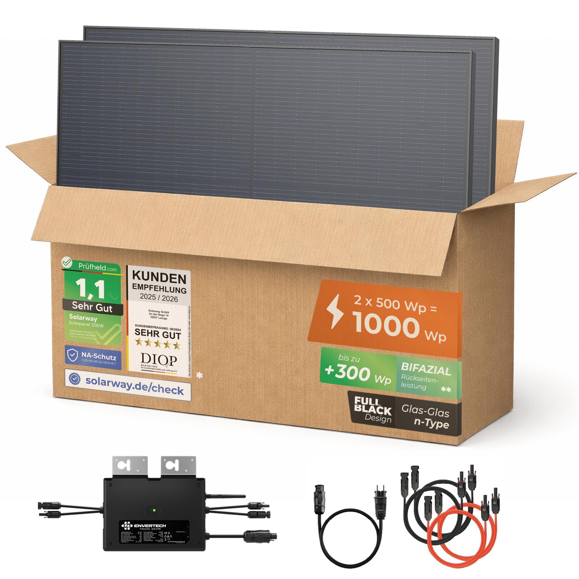 Solarway® 1000W Balkonkraftwerk 800W komplett Steckdose - neuester 800 Watt Wechselrichter - Solaranlage Komplettset - 500W bifaziale Solarmodule & Envertech & Zubehör Flachdach / Fassade Halterung Angebot bei HelloDeals