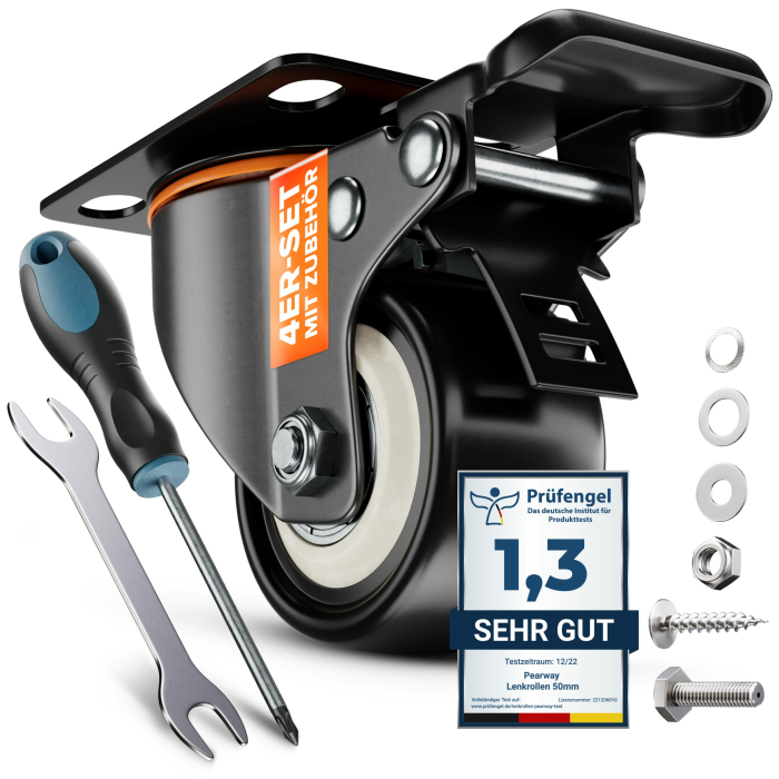 PEARWAY™ Schwerlastrollen 50mm - bis 320kg mit 4x Bremse - extra leise & langlebig - Möbelrollen mit Bremse - Rollen für Möbel & Schwerlast - Lenkrollen für Möbel & Outdoor - Laufrollen - Bockrollen inkl. Zubehör 1) 4x 50mm Angebot bei HelloDeals