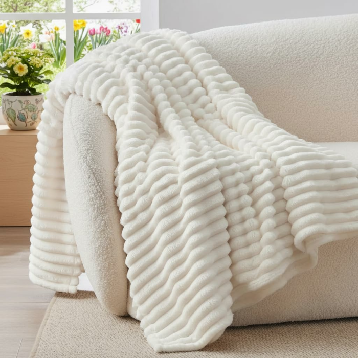 BEDELITE Kuscheldecke Flauschig Decke 150x200 - weiche XL Flanell Decken Elfenbein Weiß für Couch, Deko Streifen Cord Fleecedecke Weiss als Couch Überwurf für Wohnzimmer, Twin Blanket Wide Use 03 - Creamweiß 150 x 200 cm Angebot bei HelloDeals