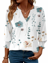 Rapbin Damen Bluse 3/4 arm Langerm V-Ausschnitt Tunika Sommer Tops Locker Shirt Elegant Lässig Oberteil Blusen 2026 Weiß Blau Blumen XXL Angebot bei HelloDeals