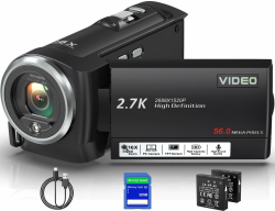 Videokamera 2.7K 56MP Camcorder 16X Digitalzoom Vlogging Camera mit LED-Fülllicht für YouTube, 2.8" LCD Bildschirm Camcorder mit 32 GB SD-Karte, 2 Batterien Schwarz Angebot bei HelloDeals