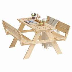 Bellabino Inny Kindersitzgruppe für 4 Kinder – Kindertisch mit 2 Bänken mit Lehne – Sitzbank Outdoor 30cm Höhe – Kinder Sitzgruppe in Natur aus Kiefernholz unbehandelt – Kinderbank für den Garten Angebot bei HelloDeals
