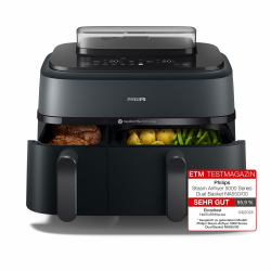 Philips Steam Airfryer Dual Basket 5000 Series, Heißluftfritteuse & Dampfgarer in einem Gerät, 9L 2 Körbe, RapidAir Plus Technologie, 19 Kochfunktionen, 90% weniger Fett, Dampfreinigung (NA550/00) Schwarz Steam Dual Basket 9L Angebot bei HelloDeals