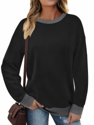 Pullover Damen Sweatshirt Rundhals Langarm Oberteil Damen Langarmshirt Kontrast Tunika Schwarz L Angebot bei HelloDeals