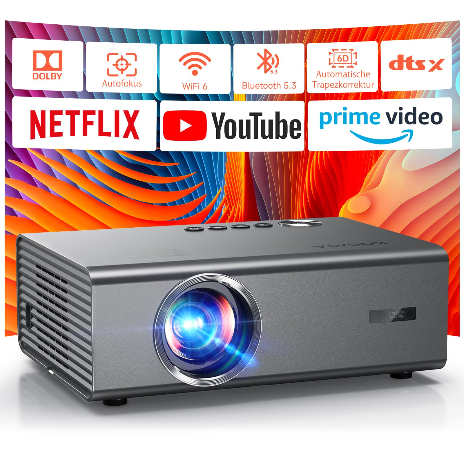 4K Smart Beamer kompatibel mit Netflix-App, Kinoähnlichem Sound & HDR | KOGATA Auto-Fokus, 6D Keystone, WiFi 6 & Bluetooth | Heimkino Projektor für Garten & Streaming ohne TV-Stick Grau Angebot bei HelloDeals