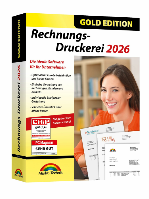 Rechnungsdruckerei 2026 Gold Edition – Rechnungsprogramm für Unternehmer, Handwerker, Kleingewerbe - Kunden und Artikel verwalten inkl. E-Rechnung - kompatibel mit Windows 11, 10, 8.1, 7 Angebot bei HelloDeals