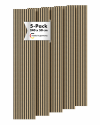 Momento 5 Stück Akustikpaneele Holz 240x50 cm - Made in Germany - Eiche Natur - Wandverkleidung Innen Wandpaneele Holzoptik - 3D Lamellenwand Paneele - Akustik Holzpaneele Wand Holzverkleidung Panel 5 Stück - Eiche Natur - Filz Schwarz Angebot bei HelloDeals