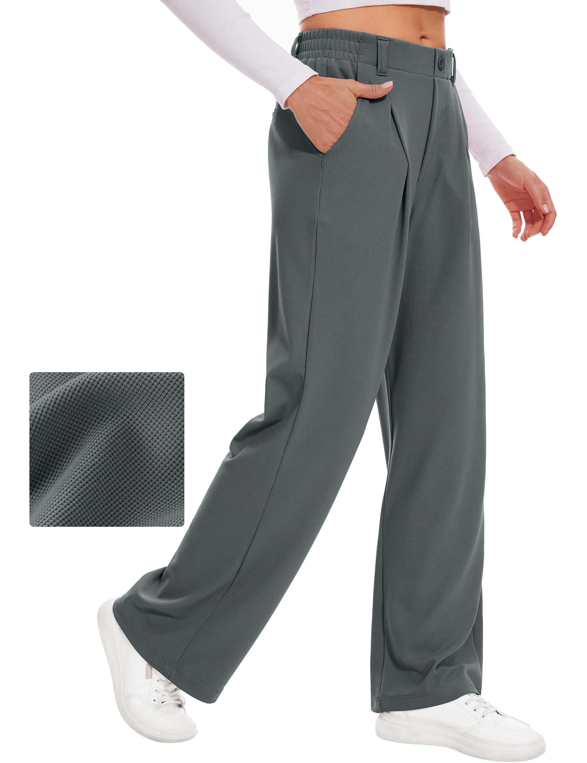 Desol Hosen Damen Waffel Lang Palazzo Hose Elegant Stoffhose Anzughose Damen Weite Sommerhose mit Taschen High Waist Hose Damenhose Weites Bein M Grau Angebot bei HelloDeals