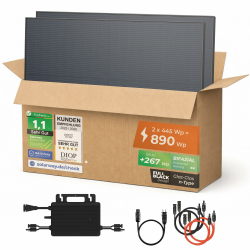 Solarway® Balkonkraftwerk 890W mit 890Wp Solarmodulen – Komplettset mit Hoymiles HMS-800W-2T Wechselrichter – 2× 445W bifaziale Black Solarpanels – Mini PV Anlage für Steckdose inkl. Zubehör Angebot bei HelloDeals