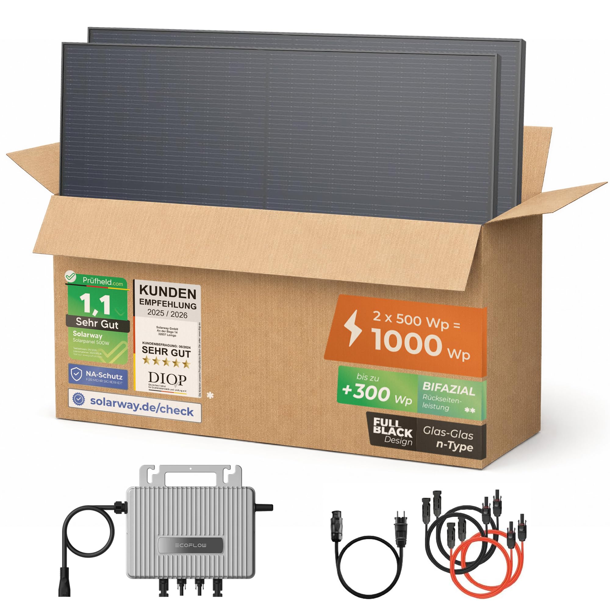 Solarway® 1000Wp / 800W Balkonkraftwerk komplett Steckdose - neuester EcoFlow Stream 800 Watt Wechselrichter - Solaranlage Komplettset - 500W bifaziale Black Solarmodule & EcoFlow & Zubehör Ohne Speicher Ohne Halterung Angebot bei HelloDeals