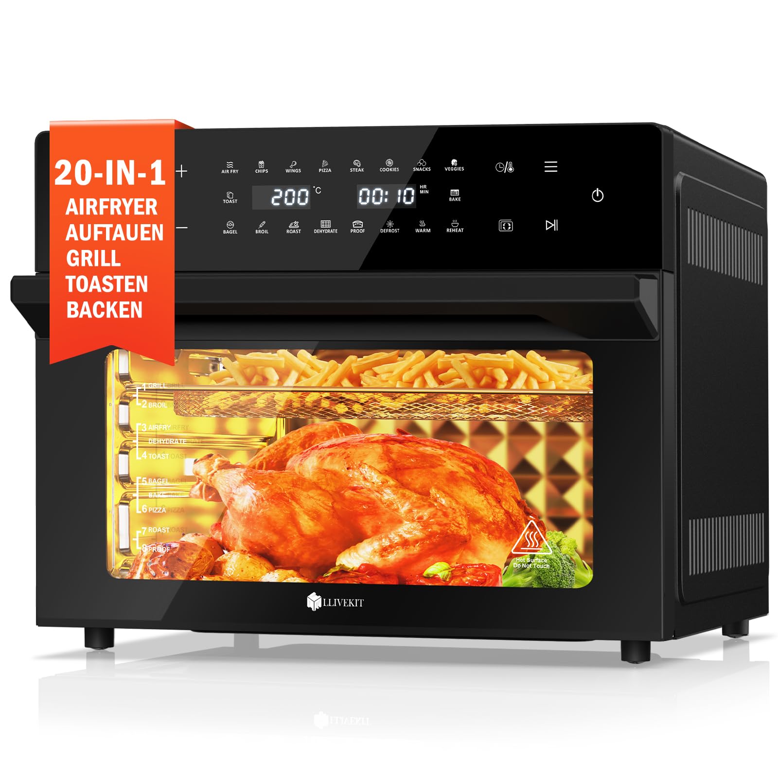 30L Heißluftfritteuse XXL, Minibackofen Umluft mit 20 Programme und 9 Zubehör, Mini Backofen mit LED-Touchscreen, Airfryer Oven ohne Öl mit Sichtfenster, Zwei Kochmodi, Rezeptbuch, 80°C-230°C 30L Schwarz Angebot bei HelloDeals