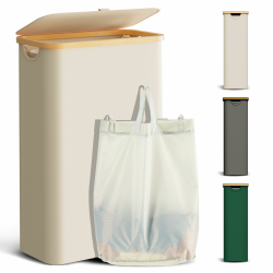 YOUDENOVA Wäschekorb mit Deckel 48L Wäschesammler schmal mit Wäschesack faltbarer Wäschesortierer Holz Bambus Wäschetruhe hoch Laundry Baskets, Beige 48L(Slim) Beige Angebot bei HelloDeals