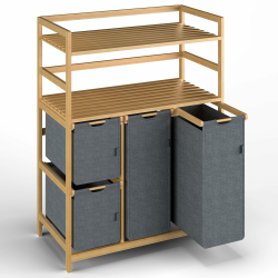 Wäschesammler 4 Fächer 150L, Wäschekorb 4 Fächer 2 Regale, Bambus Wäschewagen mit Ablage für Schmutzwäsche, Push-Pull Wäschesack aus Oxford-Gewebe, 2 x 50 L, 2 x 25L Wäschebox Grau Grau Wäschesammler mit 2 Regale Angebot bei HelloDeals