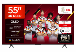 TCL 55T8C 55 Zoll QLED 4K HDR UHD Fernseher, Smart Google Tv Dolby Vision Atmos,144Hz Motion Clarity Pro, Game Bar, ALLM, Freesync, Onkyo 2.1 Sound, Sprachsteuerung, Kompatibel mit Google Assistant 55 Zoll 2025 T8C QLED Gaming 144Hz Angebot bei HelloDeals