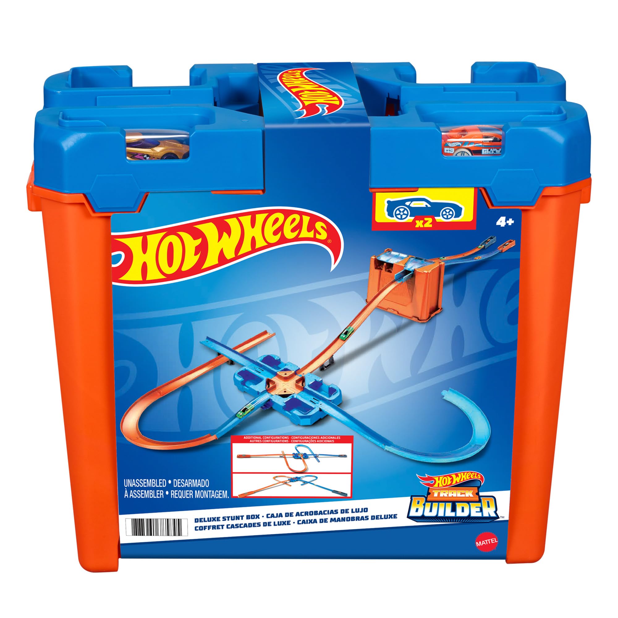 Hot Wheels Bahn Track Builder, Autorennbahn Bauset für Hot Wheels Autos, inkl. 2 Spielzeugautos, Spurwechsler, steile Kurven, Crashzone, Auto Spielzeug, Spielzeug ab 4 Jahre, GGP93 Superstunt Box Angebot bei HelloDeals