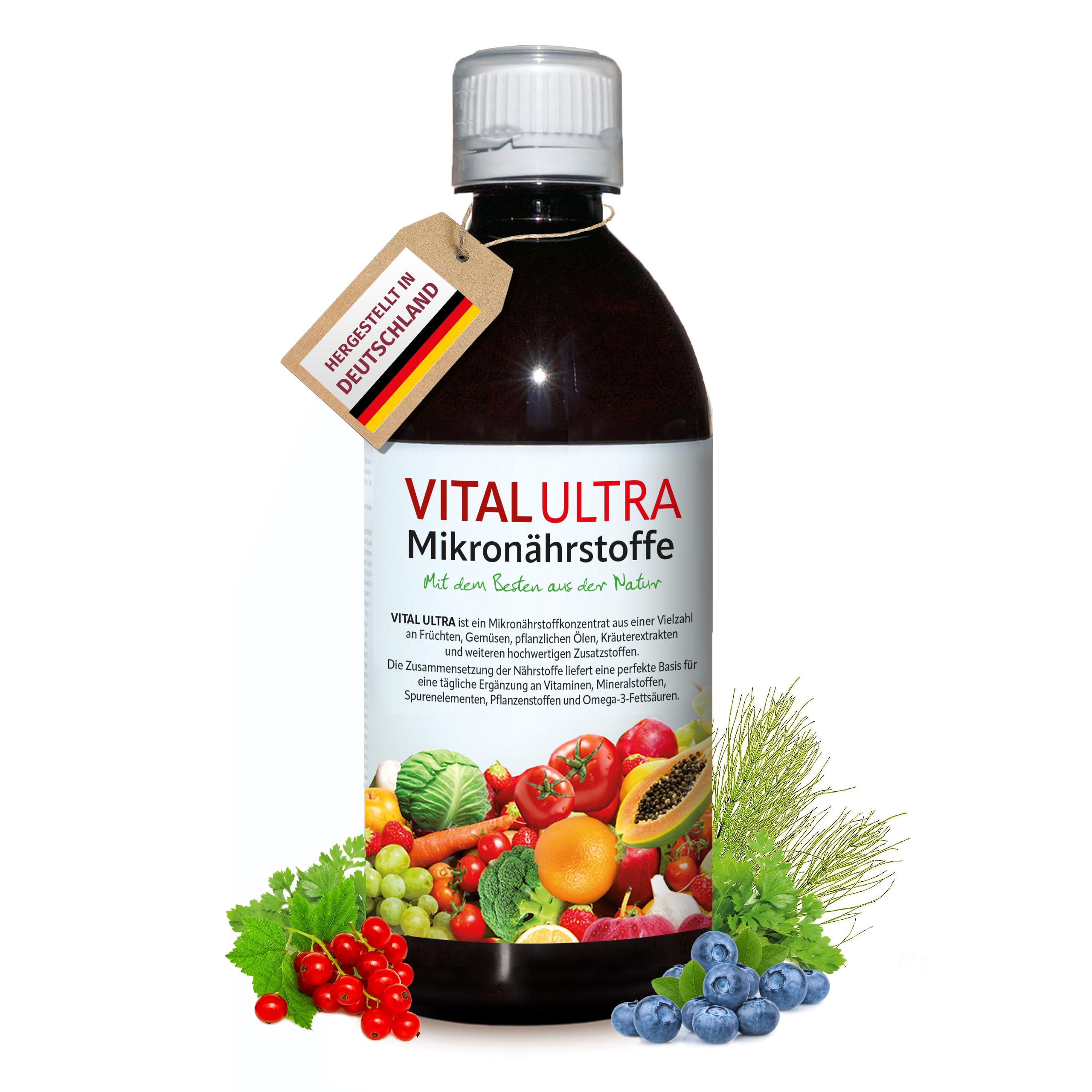 Vital Ultra - 480 ml - Mikronährstoffkonzentrat mit Vitaminen, Mineralien, Spurenelementen, Pflanzenstoffen und Omega-3-Fettsäuren - flüssiges Lebensmittel aus über 70 Zutaten mit bis zu 60 Portionen 480ml Mikronährstoffe Angebot bei HelloDeals